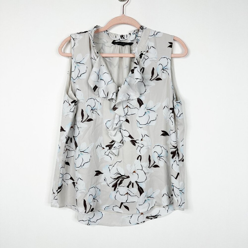 2/$30 White House Black Market Floral Print Ruffle Sleeveless Blouse Nude #A1498 - Picture 3 of 8